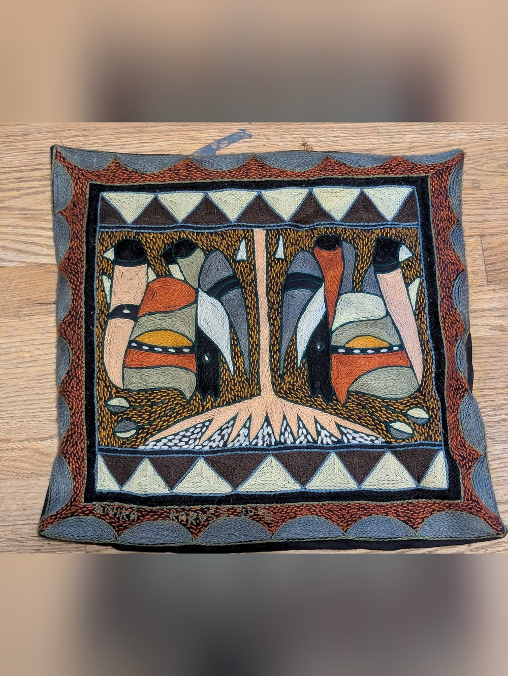 Vintage 1996 KAROSS South Africa Hand Embroidered Bird Pillow Cover Signed Anika